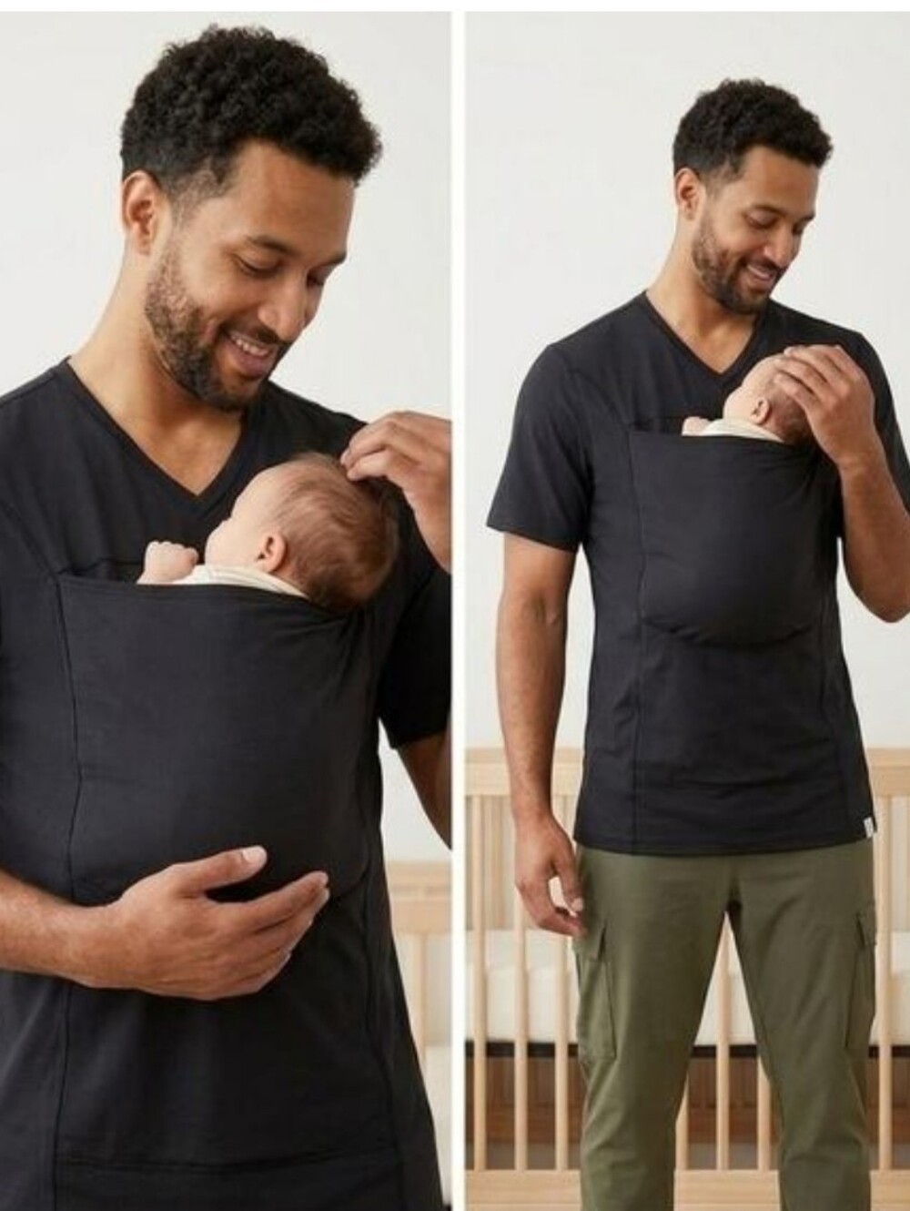 Lalabu Men's V-Neck Baby Pouch Draped Front Shirt Large Black